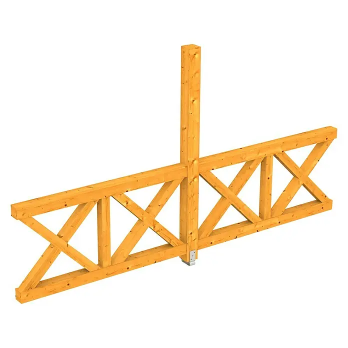 Skan Holz Seitenwand AndreaskreuzPassend für: Skan Holz Leimholz-Terrassenüberdachungen, Tiefe 400/389 cm, freistehend, Eiche Hell - Holzkonstruktion mit vertikalem Pfosten und zwei horizontalen Balken, verbunden durch diagonale Streben, ideal für robuste Bauprojekte.