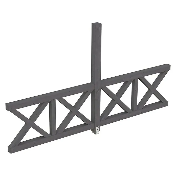 Skan Holz Seitenwand AndreaskreuzPassend für: Skan Holz Leimholz-Terrassenüberdachungen, Tiefe 400/389 cm, freistehend, Schiefergrau - Eine graue Holzbalkenkonstruktion mit Kreuzstreben, die durch einen vertikalen Pfosten stabilisiert wird, ideal für Gartenprojekte.