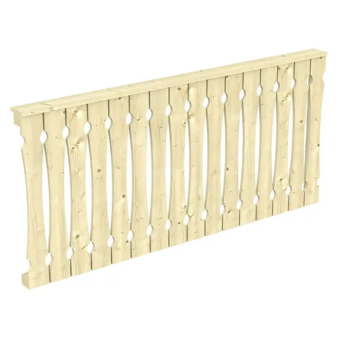 SKAN HOLZ Brüstungsgeländer - Passend für: Skan Holz Leimholz-Terrassenüberdachungen, Tiefe 250/239 cm, Natur - Detailansicht eines hellen Holzgeländers mit dekorativen Ausschnitten vor einem schwarzen Hintergrund.