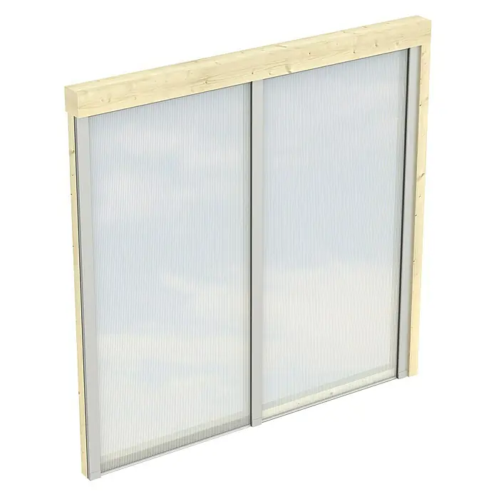 SKAN HOLZ Seitenwand - Passend für: Skan Holz Leimholz-Terrassenüberdachungen, Tiefe 250/239 cm, Natur - Nahaufnahme eines Rahmens aus Holz und Polycarbonatpaneelen. Die Paneele sind transparent und gerippt.