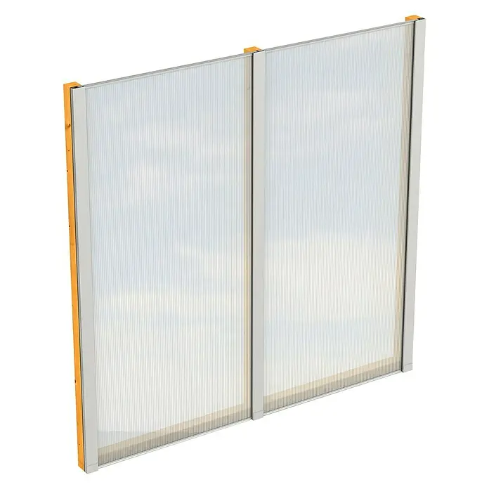 Skan Holz SeitenwandPassend für: Skan Holz Leimholz-Terrassenüberdachungen, Tiefe 250/239 cm, freistehend, Eiche Hell - Nahaufnahme einer transluzenten Trennwand mit orangefarbenen Akzenten und silberfarbenen Rahmen. Ideal für Büro- oder Wohnräume.