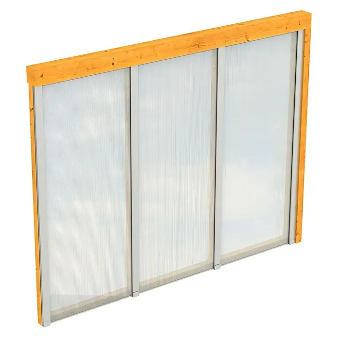 Skan Holz SeitenwandPassend für: Skan Holz Leimholz-Terrassenüberdachungen, Tiefe 300/289 cm, Eiche Hell, Holz - Nahaufnahme einer Polycarbonat-Terrassenüberdachung mit Holzrahmen und klaren Polycarbonatplatten.