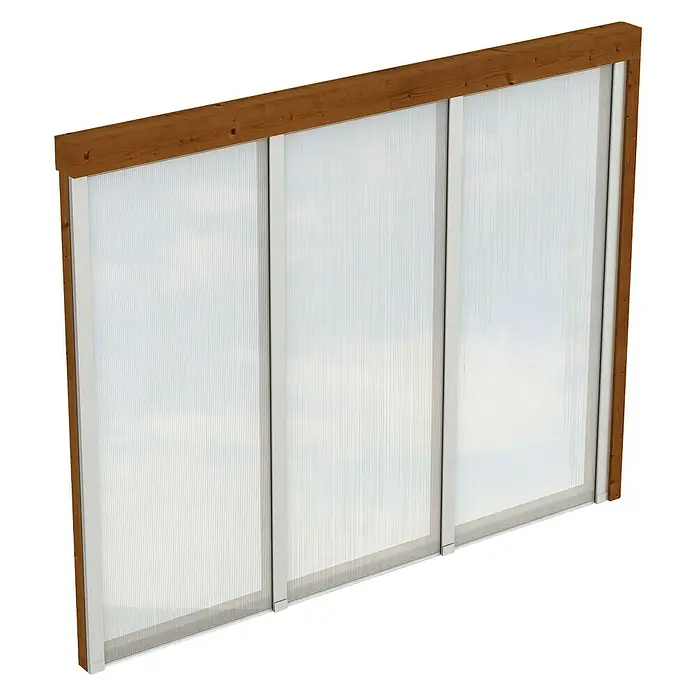 Skan Holz SeitenwandPassend für: Skan Holz Leimholz-Terrassenüberdachungen, Tiefe 300/289 cm, Nussbaum, Holz - Die Abbildung zeigt eine elegante Lichtplattenwand mit Holzrahmen. Diese Wand ist ideal für helle und moderne Räume.