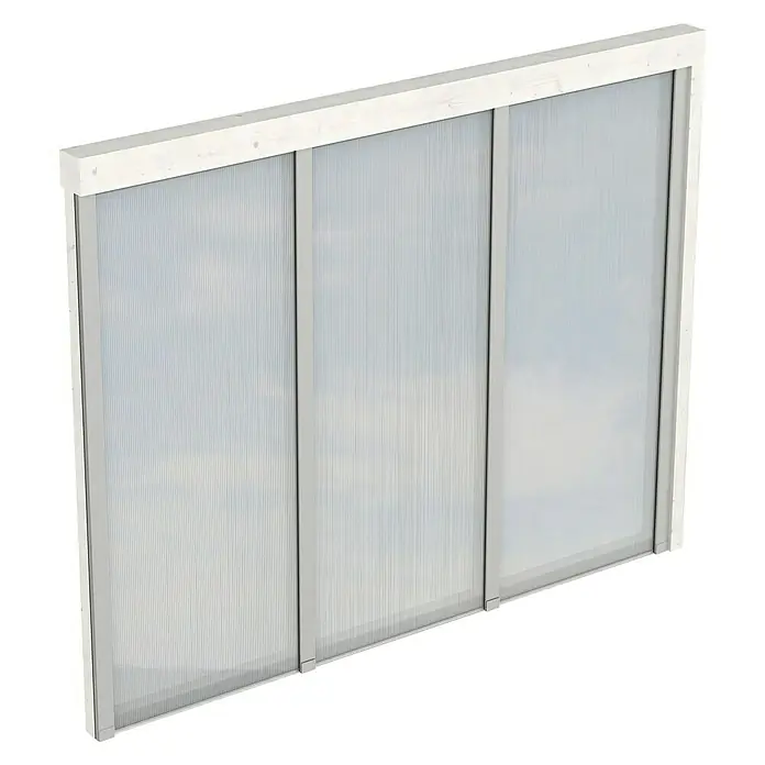 Skan Holz SeitenwandPassend für: Skan Holz Leimholz-Terrassenüberdachungen, Tiefe 300/289 cm, Weiß, Holz - Das Bild zeigt eine moderne Polycarbonat-Terrassenüberdachung mit einem stabilen Holzrahmen und klaren Paneelen für optimalen Lichteinfall.