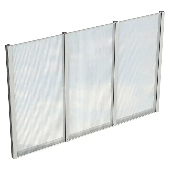 SKAN HOLZ Seitenwand - Passend für: Skan Holz Leimholz-Terrassenüberdachungen, Tiefe 350/339 cm, freistehend, Schiefergrau - Nahaufnahme einer Trennwand aus Polycarbonatplatten mit Aluminiumrahmen, ideal für Büro- oder Industrieräume.