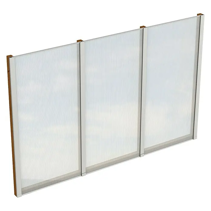 SKAN HOLZ Seitenwand - Passend für: Skan Holz Leimholz-Terrassenüberdachungen, Tiefe 350/339 cm, freistehend, Nussbaum - Die Abbildung zeigt eine transparente Polycarbonat-Terrassenüberdachung mit braunen Holzdetails, ideal für den Außenbereich.