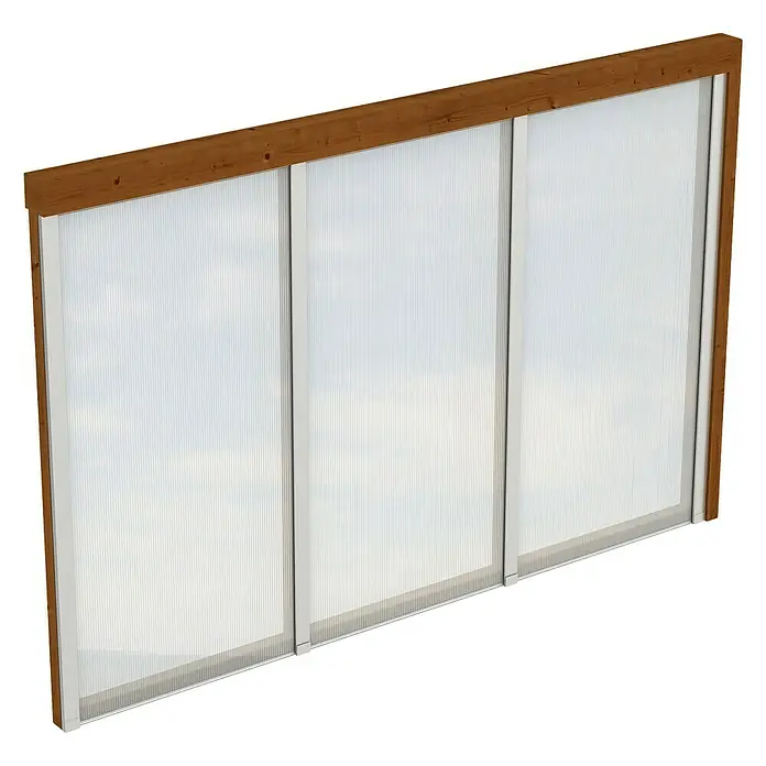 SKAN HOLZ Seitenwand - Passend für: Skan Holz Leimholz-Terrassenüberdachungen, Tiefe 350/339 cm, Nussbaum, Holz - Produktbild einer Gartenhauswand mit Holzrahmen und lichtdurchlässigen Paneelen für den Außenbereich.