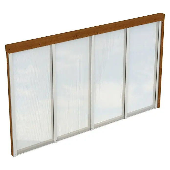 SKAN HOLZ Seitenwand - Passend für: Skan Holz Leimholz-Terrassenüberdachungen, Tiefe 400/389 cm, Nussbaum - Die Aufnahme zeigt eine Polycarbonatwand mit Holzrahmen, die sich ideal für Gewächshäuser oder als Trennwand im Außenbereich eignet.