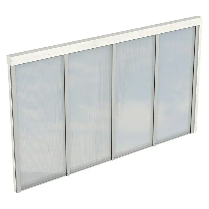 SKAN HOLZ Seitenwand - Passend für: Skan Holz Leimholz-Terrassenüberdachungen, Tiefe 400/389 cm, Weiß - Eine Nahaufnahme eines Polycarbonat-Paneels mit Holzrahmen, ideal für Gewächshäuser oder Terrassenüberdachungen. Das Paneel bietet gute Lichtdurchlässigkeit.