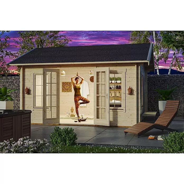 SKAN HOLZ Gartenhaus Lugano 2 - Außenmaß inkl. Dachüberstand (B x T): 500 x 460 cm, Holz, Natur, 1 Lage Dachschalung - Stimmungsaufnahme