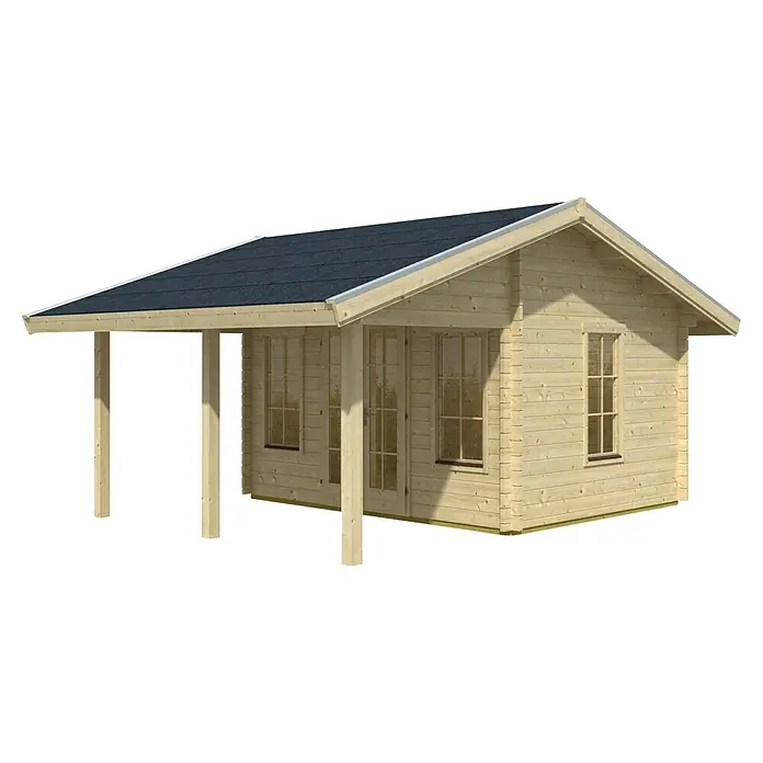 SKAN HOLZ Gartenhaus Luzern - Außenmaß inkl. Dachüberstand (B x T): 460 x 580 cm, Holz, Natur, Dachschalung & Dachlattung - Abbildung eines Holzgartenhauses mit überdachter Terrasse, ideal für den Garten.