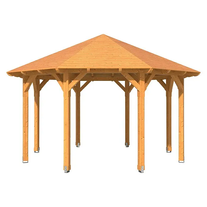 SKAN HOLZ Pavillon Lyon 2 - L x B: 484 x 484 cm, Natur - Bild eines hölzernen Pavillons mit einem achteckigen Dach auf einem schwarzen Hintergrund.