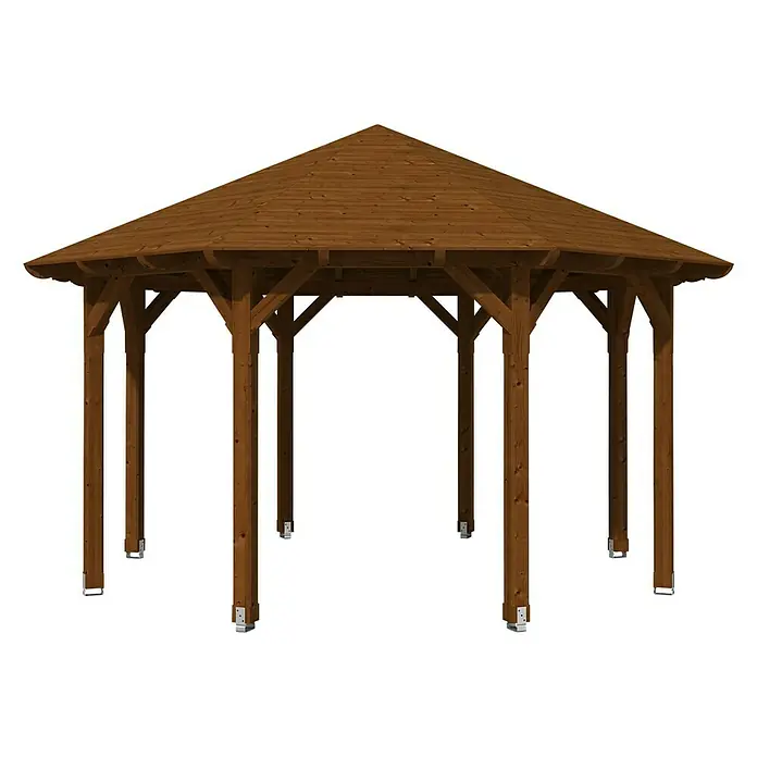 SKAN HOLZ Pavillon Lyon 2 - L x B: 484 x 484 cm, Nussbaum - Bild eines Holzpavillons mit dunklem Dach und Pfosten auf schwarzem Hintergrund, ideal für Garten und Terrasse.