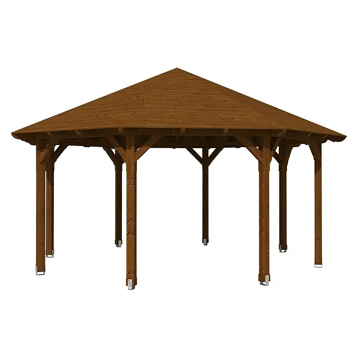 SKAN HOLZ Pavillon Lyon 3 - L x B: 557 x 557 cm, Nussbaum - Das Bild zeigt ein hölzernes Gartenhaus mit einem pyramidenförmigen Dach, ideal für den Außenbereich.