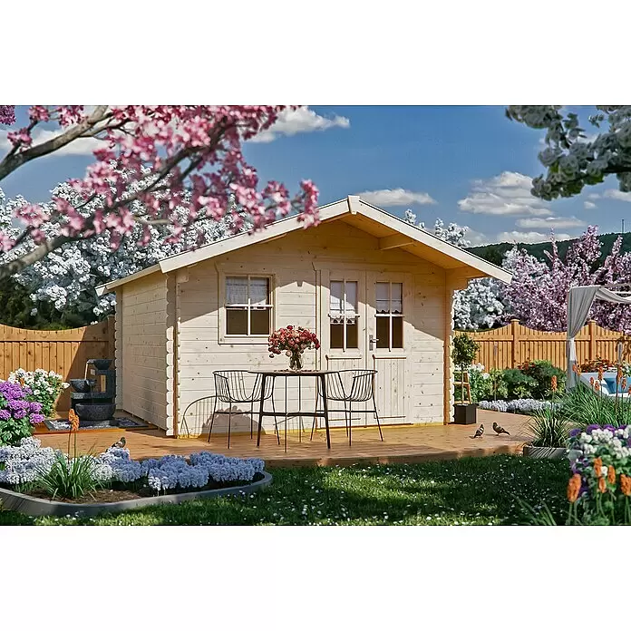 SKAN HOLZ Gartenhaus Malaga 1 - Außenmaß inkl. Dachüberstand (B x T): 380 x 400 cm, Holz, Natur - Stimmungsaufnahme