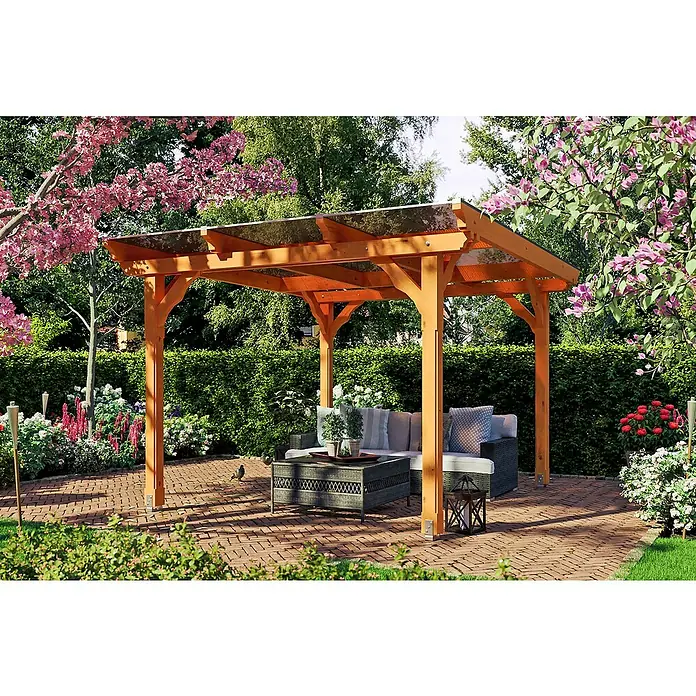 SKAN HOLZ Pavillon Marseille - L x B: 350 x 327 cm, Eiche Hell - Einladender Gartenpavillon mit durchsichtigem Dach und gemütlicher Sitzecke im Grünen. Perfekt für entspannte Stunden im Freien.