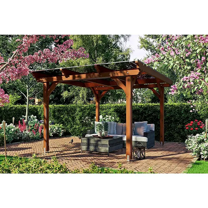 SKAN HOLZ Pavillon Marseille - L x B: 350 x 327 cm, Nussbaum - Einladende Gartenlaube mit modernen Möbeln und üppiger Bepflanzung, die zum Verweilen im Freien einlädt. Ideal für entspannte Stunden im Garten.