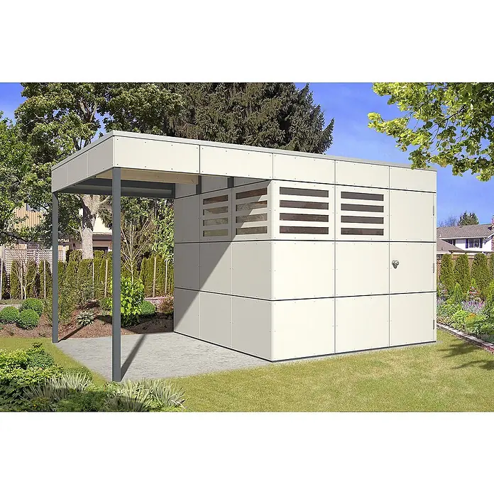 SKAN HOLZ CrossCube Gartenhaus-Anbau Crosscube - B x H: 168 x 223 cm, Passend für: Skan Holz Crosscube Gartenhäuser Perth/Melbourne 3 + 4, Telegrau - Modernes Gartenhaus mit Flachdach und integriertem Unterstand. Die Fassade besteht aus hellen Paneelen mit Lüftungselementen.
