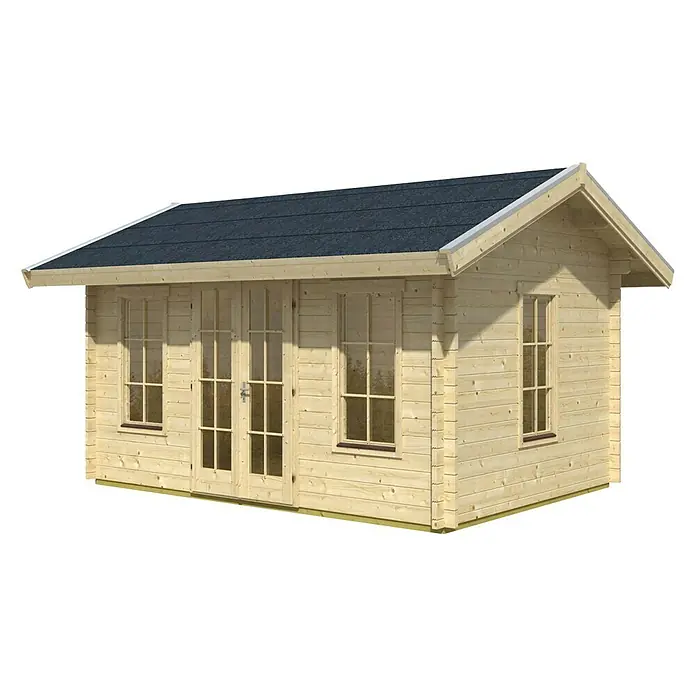 Skan Holz Gartenhaus Montreal 2Außenmaß inkl. Dachüberstand (B x T): 500 x 460 cm, Holz, Natur, 2 Lagen Dachschaltung - Abbildung eines Holzgartenschuppens mit dunklem Dach. Ein Fenster und eine doppelte Glastür sind auch auf der Vorderseite des Gebäudes zu sehen.