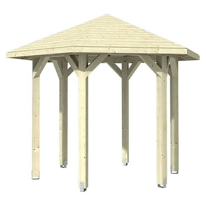 SKAN HOLZ Pavillon Nancy 1 - L x B: 312 x 360 cm, Natur - Abbildung eines hellen Holzpavillons mit einem pyramidenförmigen Dach, das für Garten oder Hofbereich entworfen wurde.