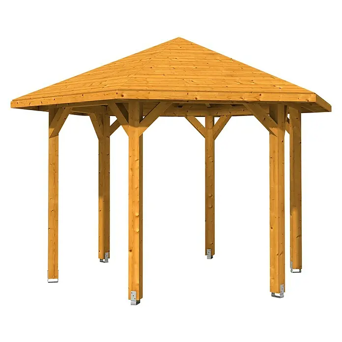 SKAN HOLZ Pavillon Nancy 2 - L x B: 364 x 420 cm, Eiche hell - Holzpavillon mit sechseckigem Dach und stabilen Stützpfeilern für Garten oder Terrasse. Perfekt für entspannte Stunden im Freien.