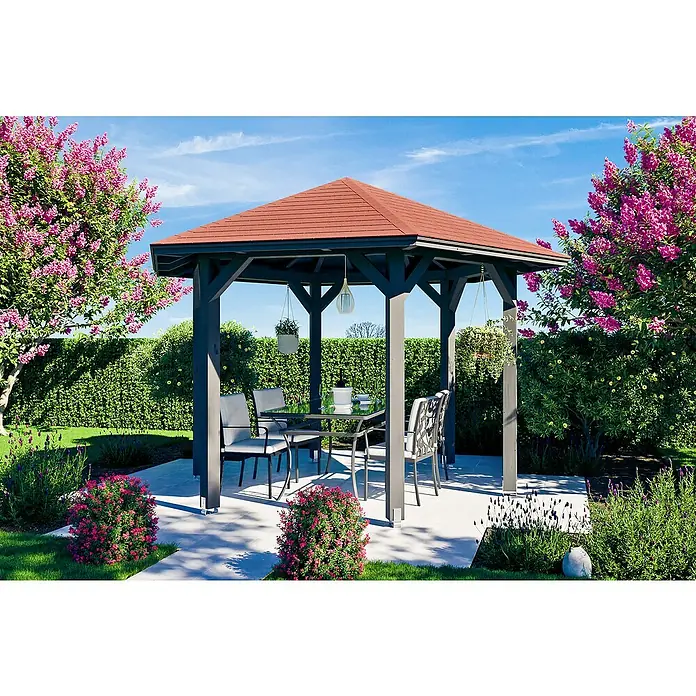 SKAN HOLZ Pavillon Nancy 2 - L x B: 364 x 420 cm - Einladender Pavillon mit Tisch und Stühlen im Garten, umgeben von blühenden Büschen und einem gepflegten Rasen.