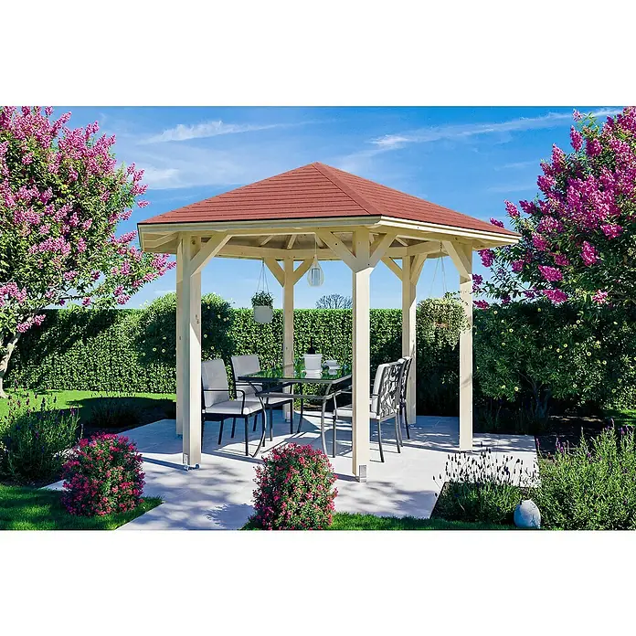 SKAN HOLZ Pavillon Nancy 2 - L x B: 364 x 420 cm, Natur - Das elegante Gartenpavillon bietet einen stilvollen und schattigen Platz für Mahlzeiten und Entspannung im Freien. Ideal für Sommerpartys.