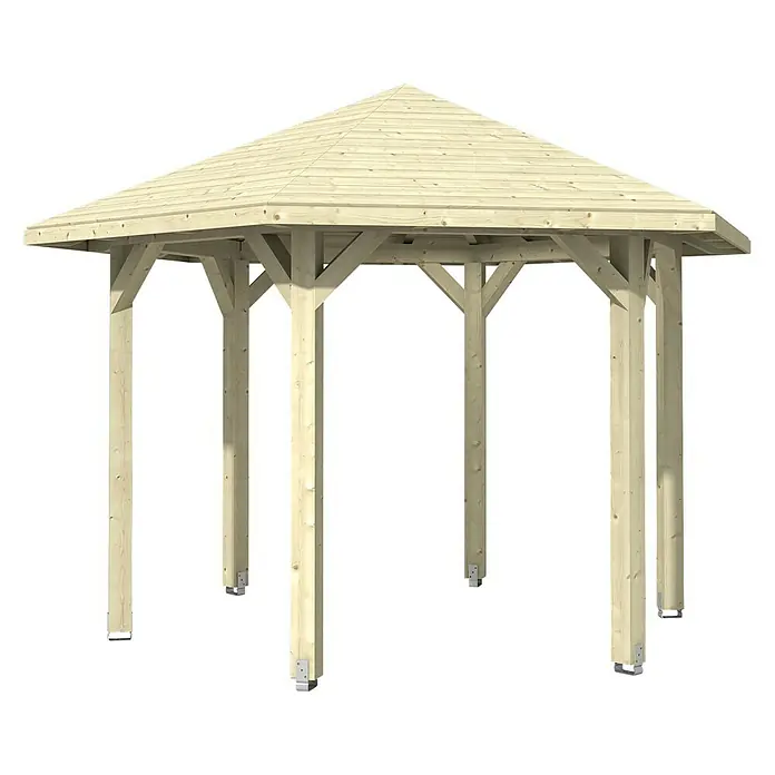 SKAN HOLZ Pavillon Nancy 2 - L x B: 364 x 420 cm, Natur - Abbildung eines hölzernen Pavillons mit sechseckigem Dach und stabilen Stützpfeilern, ideal für Gärten.