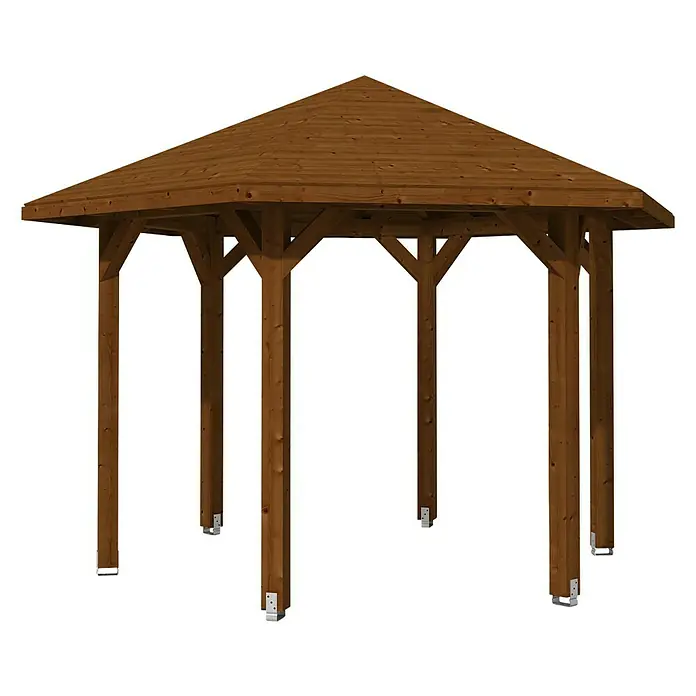 SKAN HOLZ Pavillon Nancy 2 - L x B: 364 x 420 cm, Nussbaum - Ein hölzerner Pavillon mit einem sechseckigen Dach und robusten Stützpfeilern, ideal für den Garten.