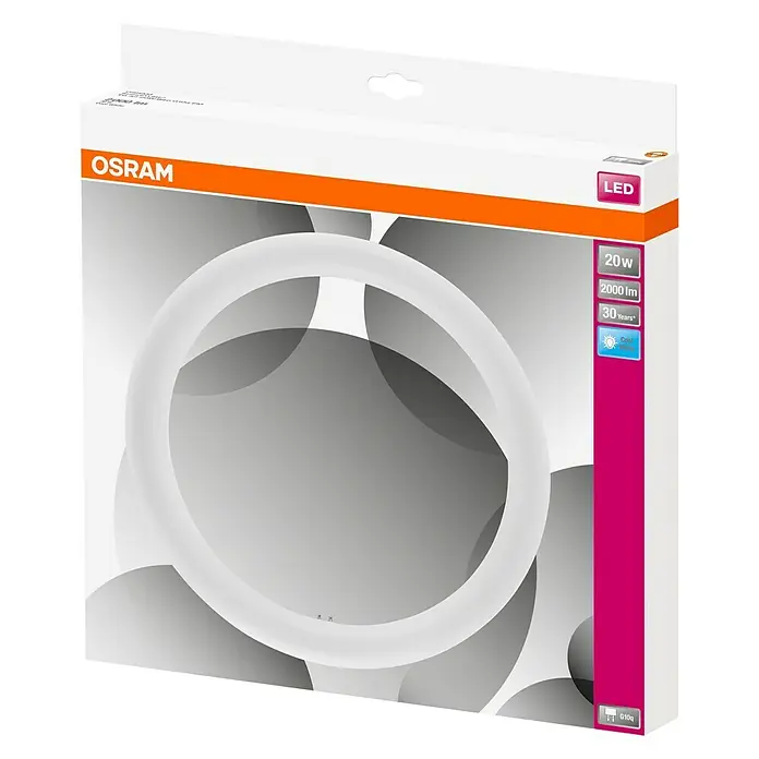 Osram Tubo LED T9 - Largo: 30 cm, Blanco neutro, 19 W, 2.200 lm, G10q - Embalaje de una lámpara LED anular Osram con detalles sobre potencia, flujo luminoso y vida útil, empaquetado en una caja decorativa.
