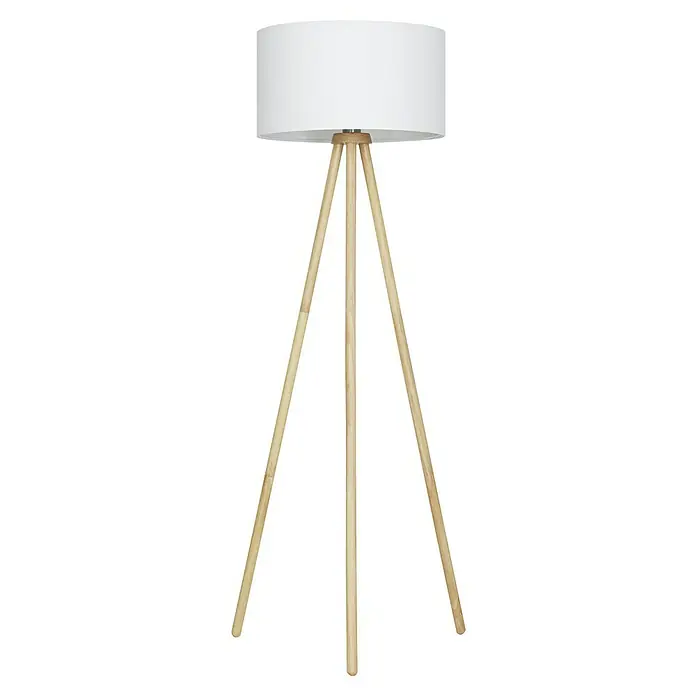 Brilo Lámpara de pie Trípode - 60 W, Altura: 1.480 mm, Blanco, E27 - Elegante lámpara de pie con pantalla blanca y patas de trípode de madera clara, que proporciona una iluminación cálida y acogedora.