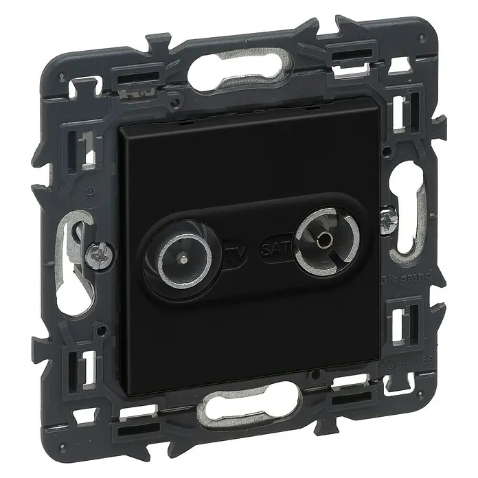 Legrand Valena Next Pieza insertada para caja de antena Intermedia - x 2, Negro - Primer plano de una toma de antena TV-SAT negra con marco gris para montaje en pared.