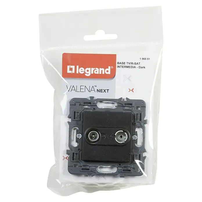 Legrand Valena Next Pieza insertada para caja de antena Intermedia - x 2, Negro - Una toma de antena Legrand Valena Next TV/R-SAT Intermedia oscura, empaquetada, que ofrece conectividad para señales de TV y satélite.