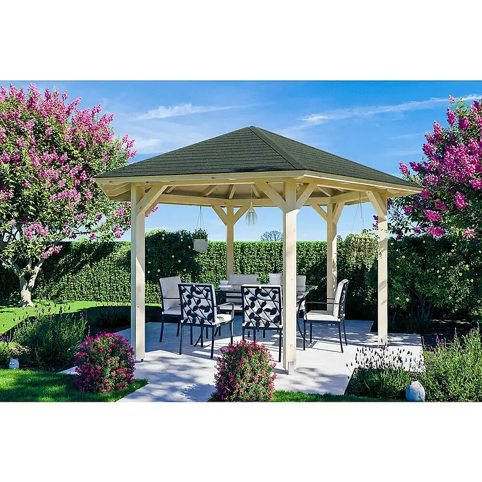 SKAN HOLZ Pavillon Nancy 3 - L x B: 416 x 480 cm, Natur - Sonnendurchfluteter Pavillon mit Sitzgruppe im Garten, ideal für entspannte Stunden im Freien. Elegantes Design mit Pflanzen umrahmt.