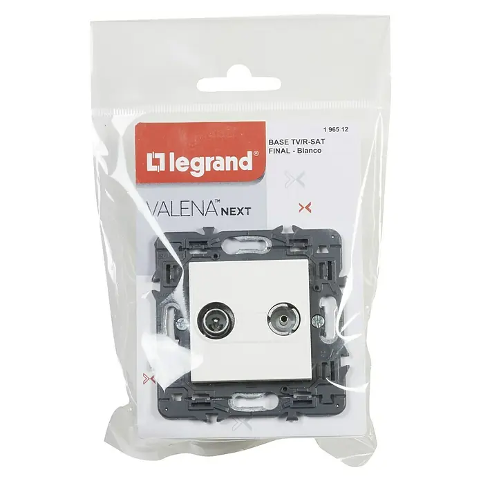Legrand Valena Next Pieza insertada para caja de antena Final - x 2, Blanco - Una toma Legrand Valena Next TV/R-SAT en su embalaje original, ideal para conexiones de TV y satélite, en blanco.