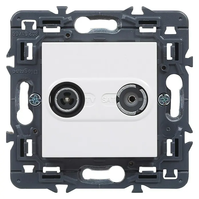 Legrand Valena Next Pieza insertada para caja de antena Final - x 2, Blanco - Una toma de antena TV SAT Legrand en blanco con marco gris, diseñada para conectar receptores de TV y satélite.
