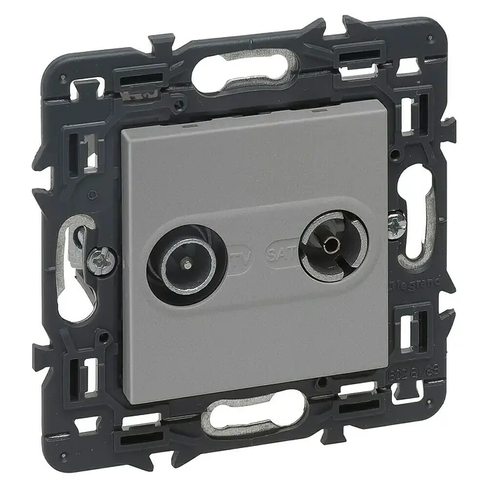 Legrand Valena Next Pieza insertada para caja de antena Única - x 2, Aluminio - Primer plano de una toma de TV y SAT Legrand en gris, ideal para conectar cables de antena en la sala de estar.