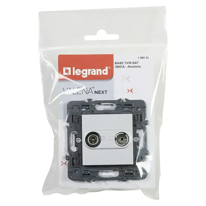 Legrand Valena Next Pieza insertada para caja de antena Única - x 2, Aluminio - Primer plano de una toma Legrand Valena Next TV/R-SAT en un embalaje transparente, ideal para conectar dispositivos de TV y satélite.