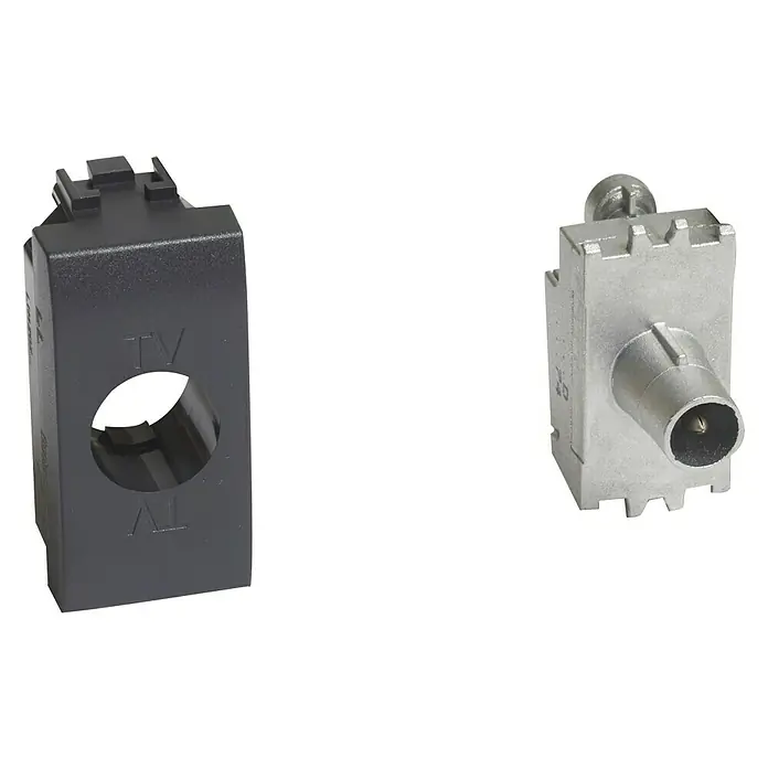 Legrand Pieza insertada para caja de antena intermedia - x 1 - Un adaptador de conexión de televisión y su cubierta correspondiente se muestran sobre un fondo negro. Los accesorios sirven para conectar con un televisor.