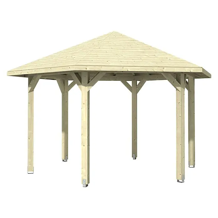 SKAN HOLZ Pavillon Nancy 3 - L x B: 416 x 480 cm, Natur - Bild eines Holzpavillons mit sechseckigem Dach, der robust und langlebig ist. Perfekt für den Garten oder die Terrasse als stilvoller Wetterschutz.