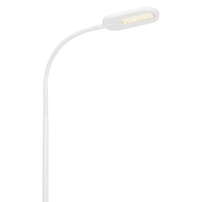 Briloner LED-Stehleuchte - Höhe: 128 cm, Weiß - Nahaufnahme einer weißen LED-Schreibtischlampe mit schwanenhalsartigem Design vor schwarzem Hintergrund.