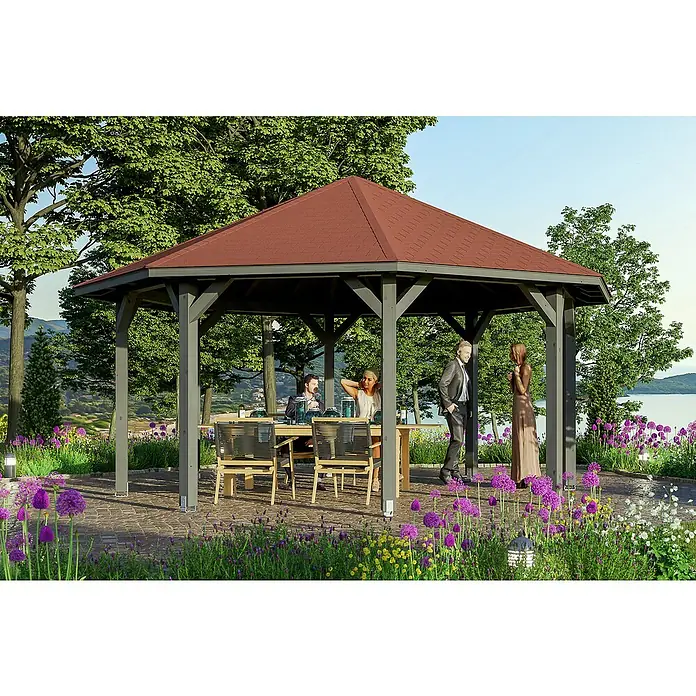 SKAN HOLZ Pavillon Nice 3 - L x B: 557 x 557 cm, Schiefergrau - Elegantes Gartenhaus mit rotem Dach und stilvoller Möblierung, umgeben von blühenden Blumen, bietet einen einladenden Außenbereich für gesellige Stunden.