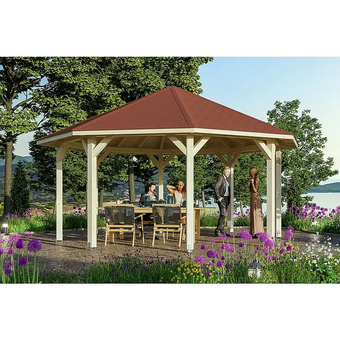 SKAN HOLZ Pavillon Nice 3 - L x B: 557 x 557 cm - Eine achteckige Holzpergola mit rotem Dach in einer Gartenlandschaft. Die Pergola bietet einen schattigen Platz für gesellige Zusammenkünfte.