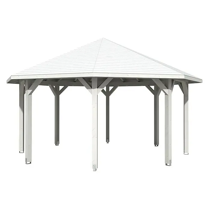 SKAN HOLZ Pavillon Nice 3 - L x B: 557 x 557 cm, Weiß - Weiße Gartenlaube mit sechseckigem Dach und robusten Holzpfosten, ideal für Entspannung im Freien und stilvolle Gartengestaltung.