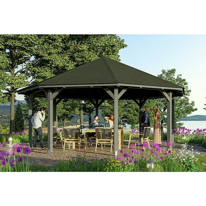 SKAN HOLZ Pavillon Nice 4 - L x B: 630 x 630 cm, Schiefergrau - Das Bild zeigt einen stilvollen Pavillon mit Gästen, der eine elegante Ergänzung für jeden Garten darstellt.