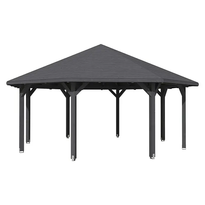 SKAN HOLZ Pavillon Nice 4 - L x B: 630 x 630 cm, Schiefergrau - Ein elegantes Gartenpavillon mit einem stabilen, dunkelgrauen Rahmen und einem markanten Dach. Perfekt für stilvolle Außenbereiche.