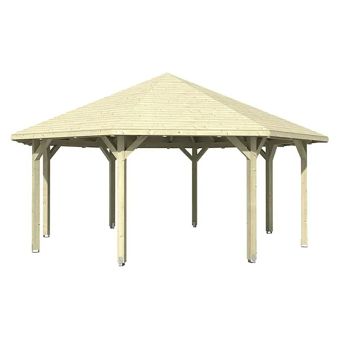 SKAN HOLZ Pavillon Nice 4 - L x B: 630 x 630 cm, Natur - Ansicht eines Holzpavillons mit einem hellen, sechseckigen Dach und stabilen Holzpfosten auf einem schwarzen Hintergrund.