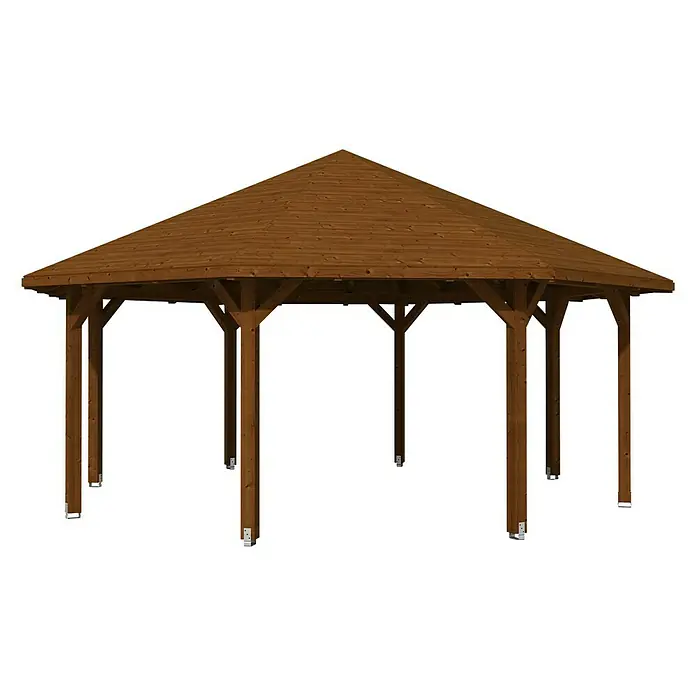 SKAN HOLZ Pavillon Nice 4 - L x B: 630 x 630 cm, Nussbaum - Bild eines achteckigen Holzpavillons mit braunem Dach und Holzpfosten. Er bietet Schutz und ist ideal für den Garten.