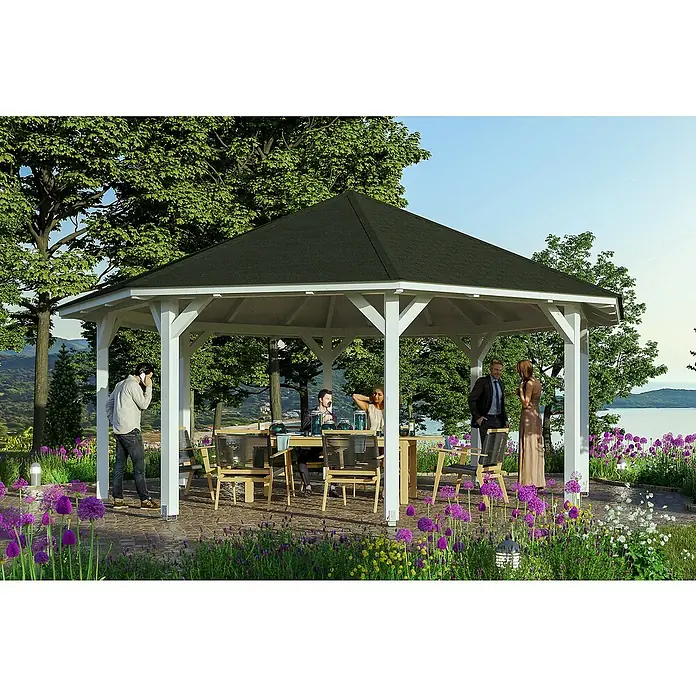SKAN HOLZ Pavillon Nice 4 - L x B: 630 x 630 cm, Weiß - Wunderschöner Pavillon mit Gästen unter dem Dach und Blumen im Garten für eine Feier im Freien.