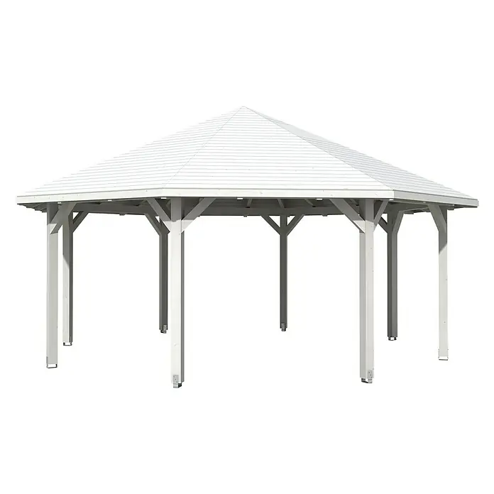 SKAN HOLZ Pavillon Nice 4 - L x B: 630 x 630 cm, Weiß - Dieses Bild zeigt einen eleganten, weißen Pavillon mit einem markanten Dach, ideal für Garten oder Terrasse. Die Konstruktion bietet Schatten und Schutz.